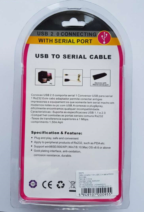 Cablu convertor USB la DB9 serial RS232 1.5m OEM, USB 2.0, placat cu nichel, conectori RS232 și USB A tata [2]