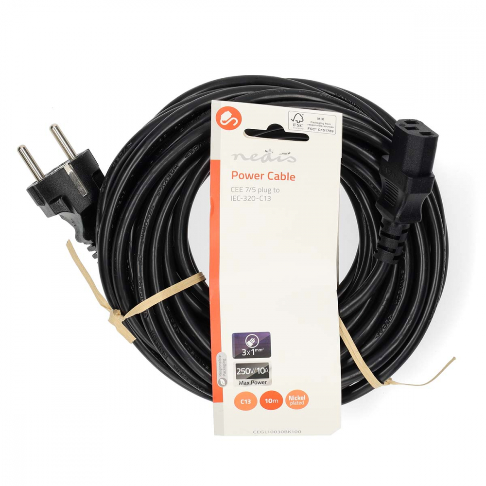 Cablu de alimentare Schuko IEC-320-C13 10m, cupru negru, durabil și sigur pentru PC, monitor și proiectoare [3]