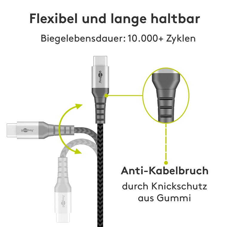 Cablu de date și încărcare USB Type C 1m 3A gri/argintiu textil flexibil Goobay 49296 [3]