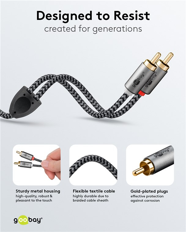 Cablu stereo 2x RCA tata-tata 3m premium extrem de flexibil textil negru Goobay Plus 65294 – IoElectronice.ro [3]