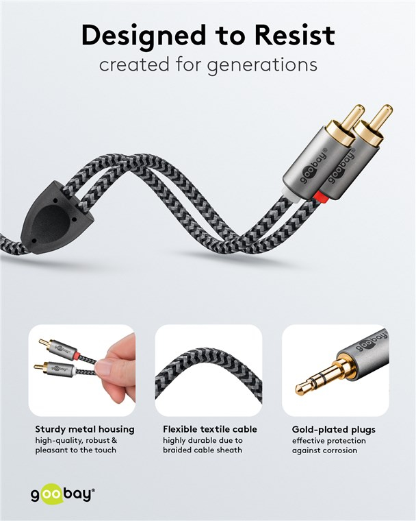Cablu stereo premium extrem de flexibil textil 3m Jack 3.5 mm tata - 2x RCA tata negru Goobay Plus 65289 – IoElectronice.ro [3]