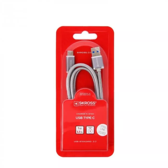 Cablu USB 2 in 1 cu conector USB Type C argintiu 1m protecție metalică Steel Line Skross – IoElectronice.ro [2]