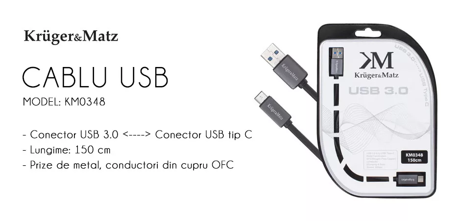 Cablu USB 3.0 cu USB Type C 1m Kruger&Matz, conectori USB A și USB Type C, dublu ecranat, 24 luni garanție. [3]