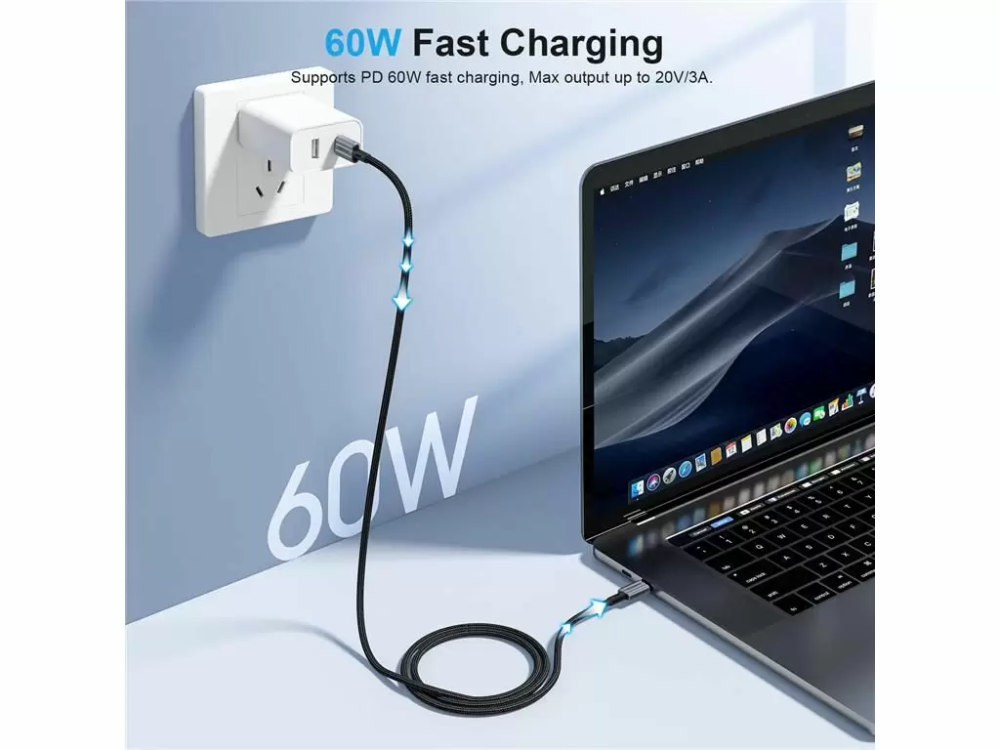 Cablu USB type C - USB type C PD 60W 3A 2m negru textil Choetech XCC-1015-BK – IoElectronice.ro [3]