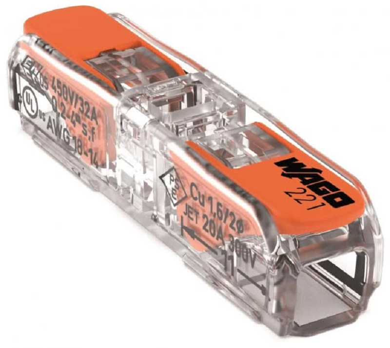 Conector WAGO 221-2411 în linie cu pârghie, 2 contacte, compact, transparent, pentru conductoare 0,2-4 mm², 32A, 450V [1]
