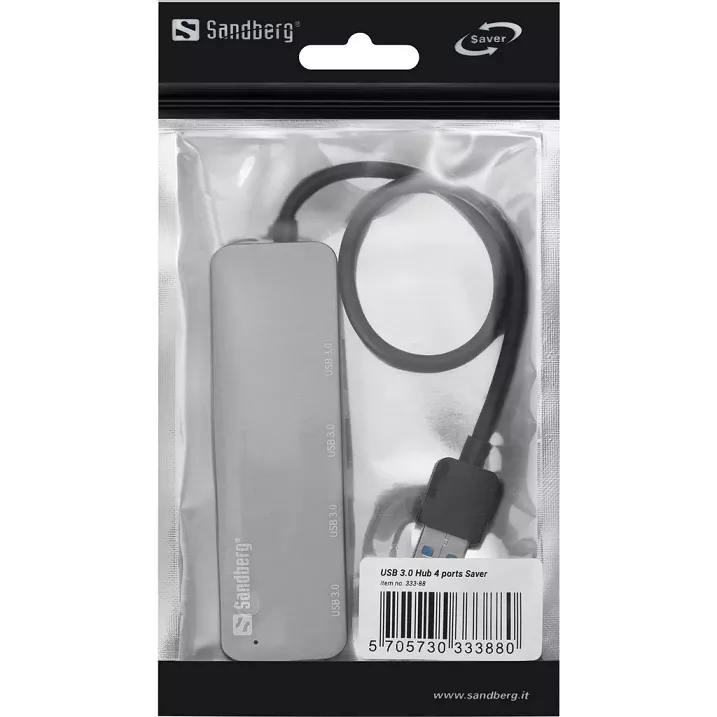 Hub USB 3.0 Sandberg Saver 4 Porturi - Transfer Rapid, Compatibil Windows & Mac, Design Elegant Argintiu [2]