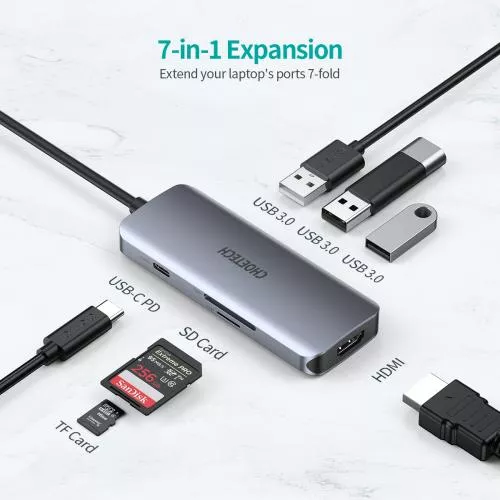 HUB USB-C cu HDMI 4K, 3x USB 3.0, SD/TF, PD 100W - Compatibil MacBook, iPad Pro, Surface, Samsung [2]