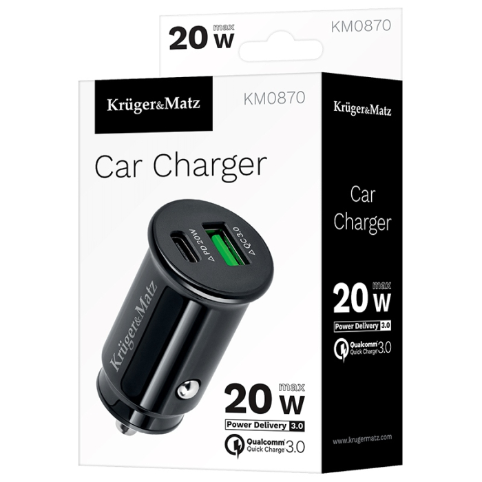 Încărcător auto Kruger&Matz 12-24VDC brichetă, USB Type C + USB 3.1A QC 3.0 PD 20W, negru, garanție 24 luni. [5]
