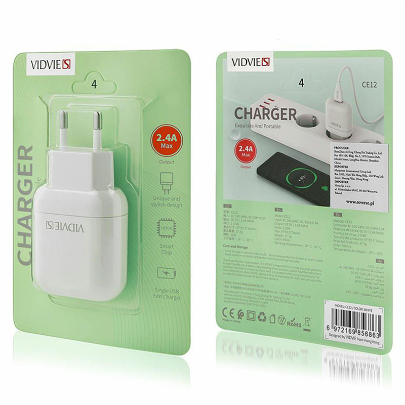 Încărcător rețea USB 2400mA VIDVIE CE12 Alb [2]
