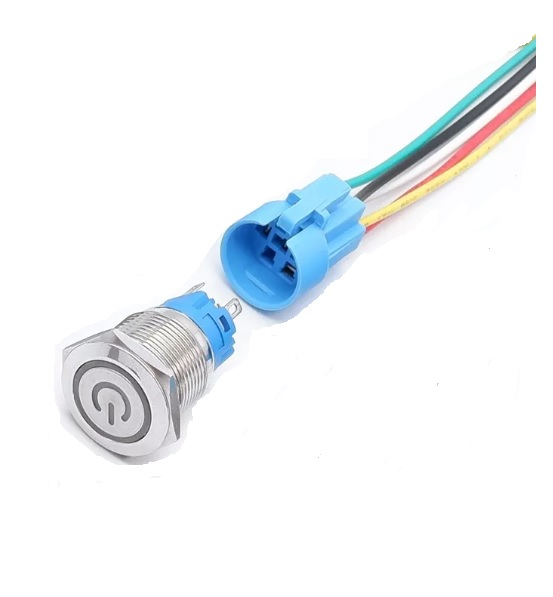 Intrerupator buton ON-OFF cu retinere metalic 19mm, LED albastru, IP66, 12-24V, 4A [2]