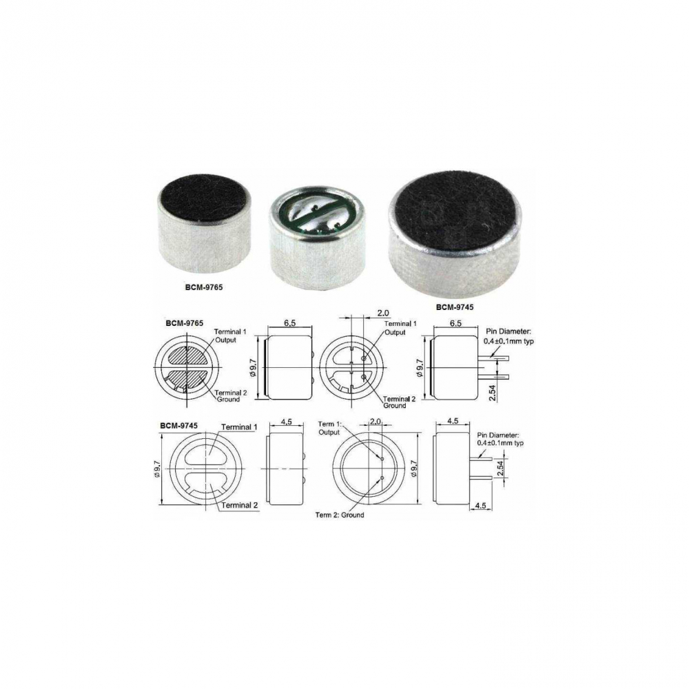 Microfon condensator BeStar BCM9765 9.7x6.5mm, 2.2kΩ, 20-16kHz, SNR 60dB, tensiune 1.5-10V [3]