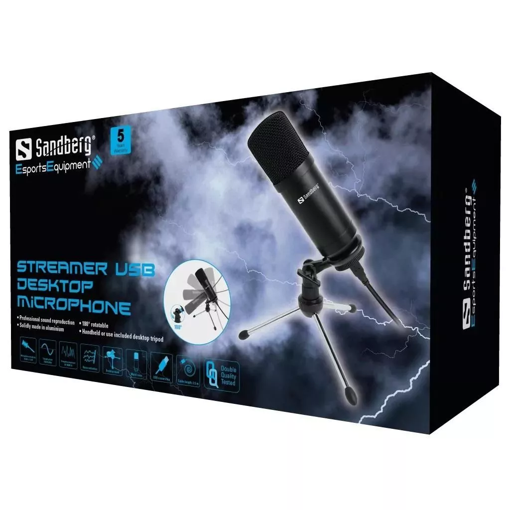 Microfon de Birou pentru Streaming USB Negru Sandberg 126-09 – Sunet de Înaltă Calitate pentru Gameri și Creatori Video [2]