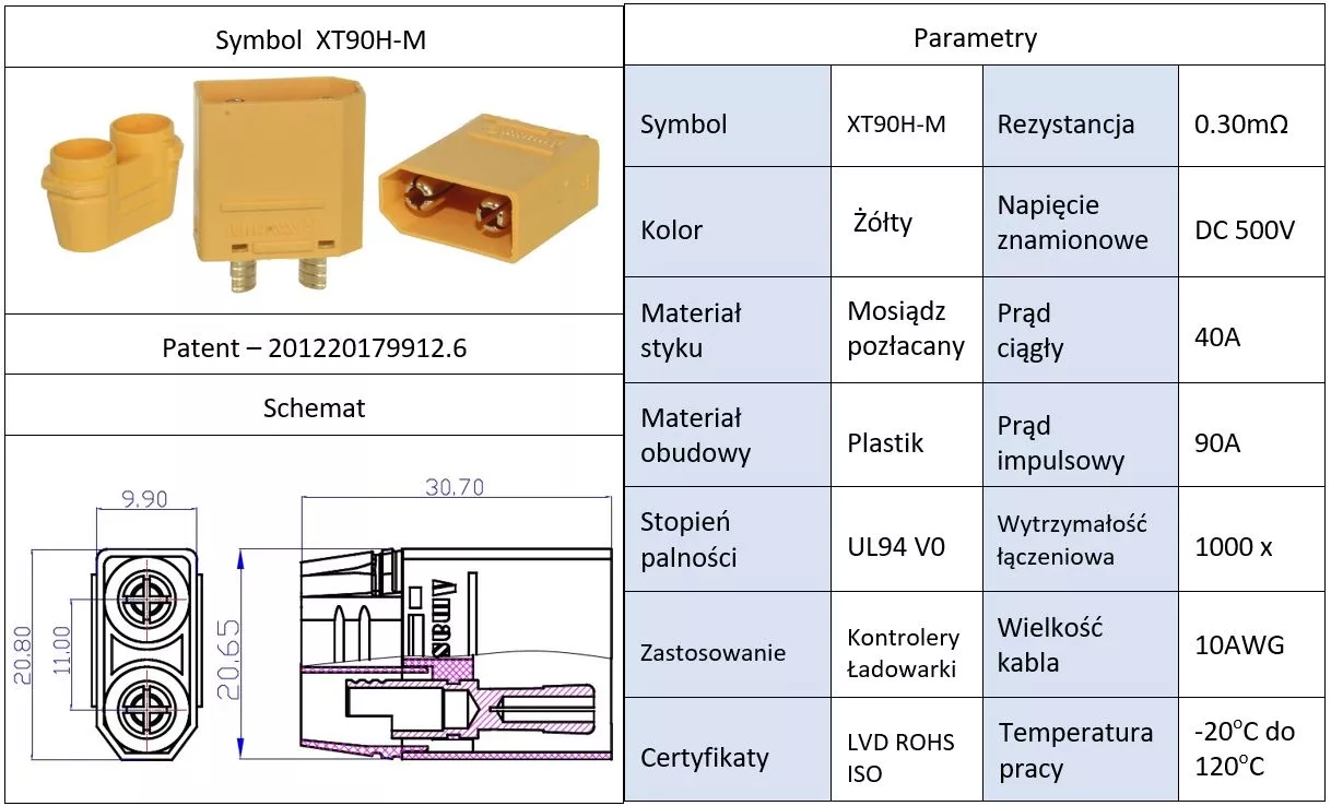 Mufa alimentare DC XT90 tata PIN 2 pe cablu lipite 40A 500V AMASS – IoElectronice.ro [2]
