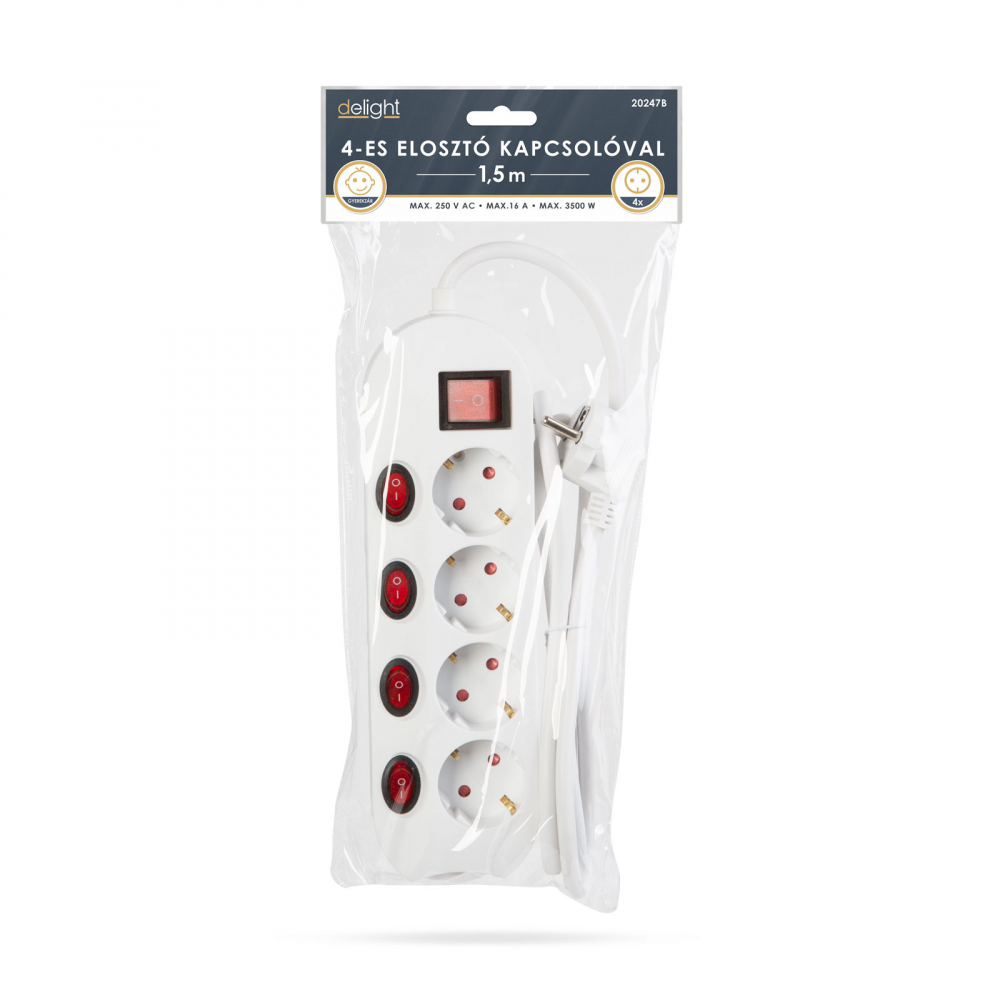 Prelungitor cu 4 prize și buton, 16A, 3500W, cablu 1.5m, alb, cu blocare copil, conector CEE 7/7 [2]