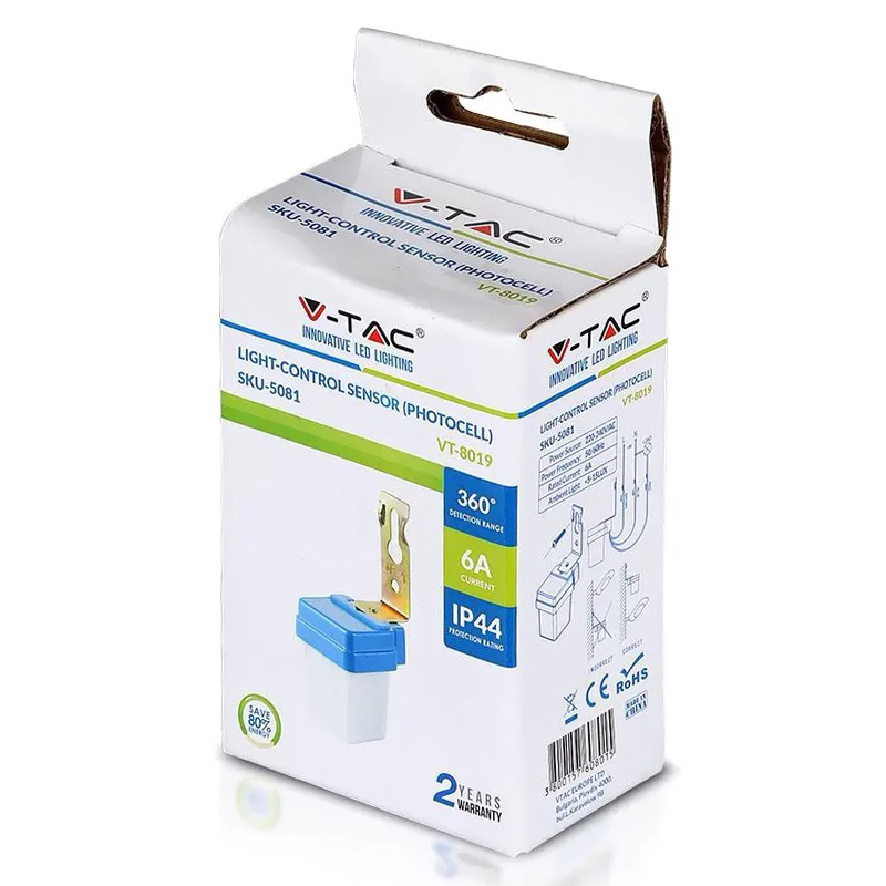 Senzor de lumină fotocelulă 6A IP44 V-TAC, crepuscular zi-noapte, detectare 360°, durată 20.000h [4]