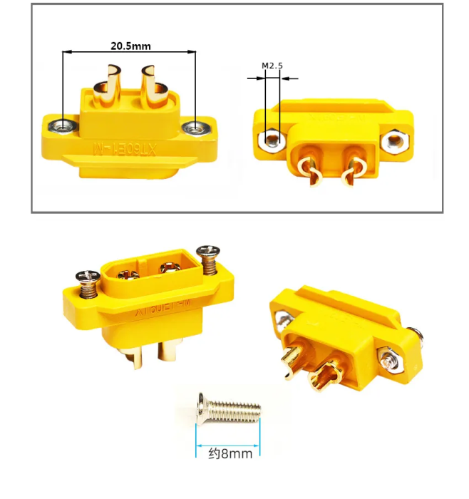 Soclu alimentare DC XT60 tata 2pini AMASS, 30A, 500V, galben, pentru lipire și montare pe panou. [4]