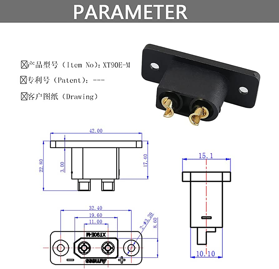 Soclu alimentare DC XT90 tata pe panou 2 pini lipire 30A 500V negru AMASS XT90E-M – IoElectronice.ro [3]
