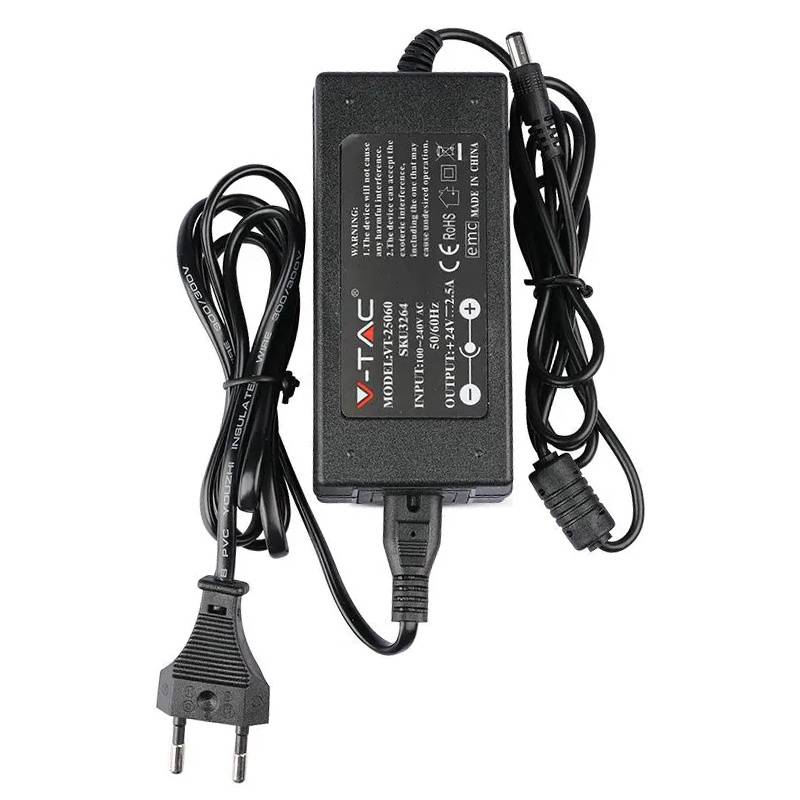 Sursă Alimentare SMPS SLIM 24V 2.5A 60W V-TAC – Puternic, Compact, IP44, Durată 20.000h [1]