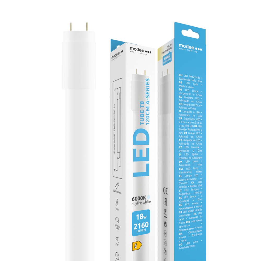 Tub LED T8 18W 2160lm 1200mm, lumină rece 6000K, eficiență energetică, IP20, durată 25.000h [1]