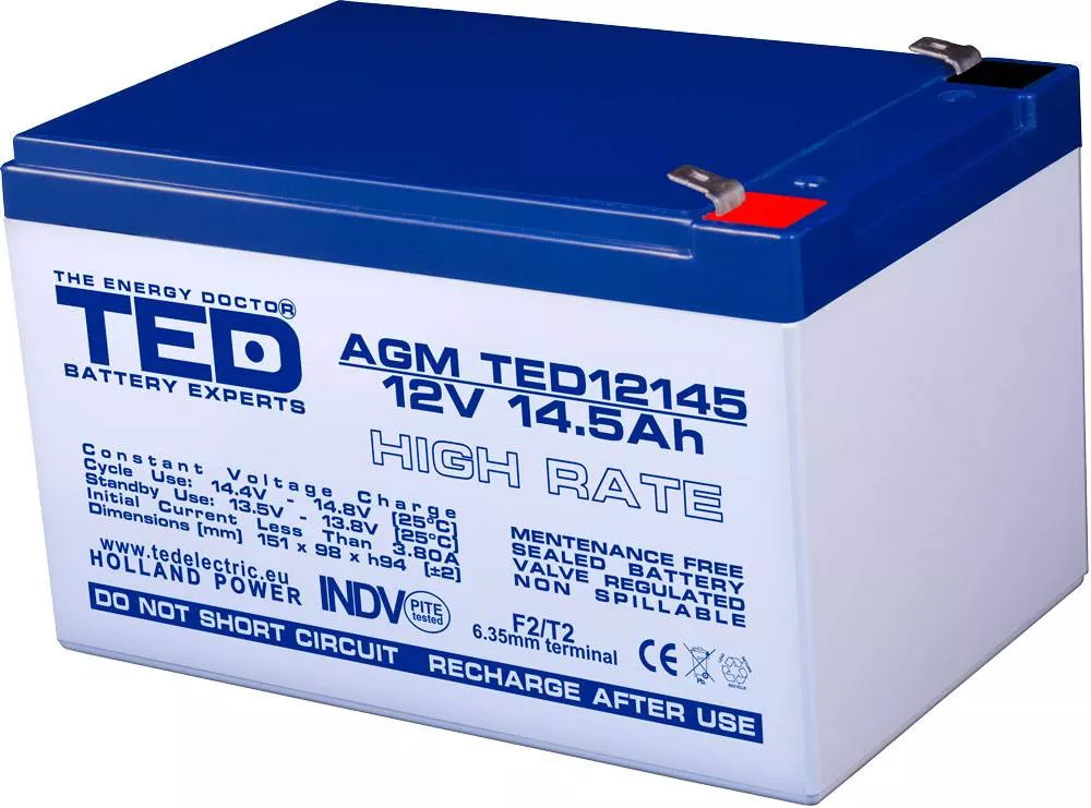 Acumulator - Acumulator 12V 14.5A AGM VRLA High Rate TED Battery Expert Holland, dimensiuni 151x98x95mm, tip SLA, garanție 6 luni.