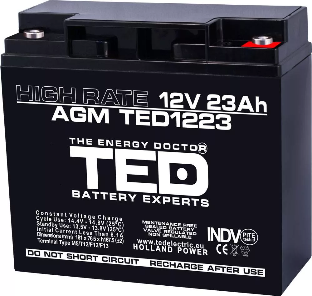Acumulator - Acumulator 12V 23A AGM VRLA High Rate 181x76x167mm F3 TED Battery Expert Holland – IoElectronice.ro