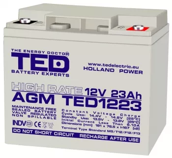 Electrice - Acumulator 12V 23A AGM VRLA High Rate 181x76x167mm M5 TED Battery Expert Holland – IoElectronice.ro