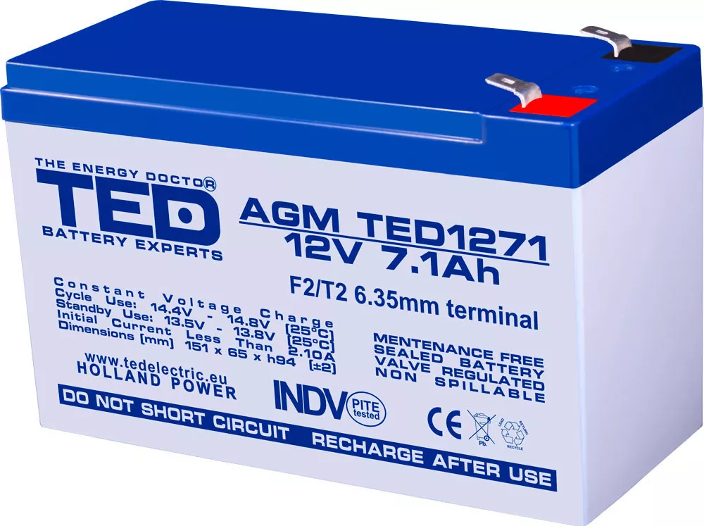 Acumulator - Acumulator AGM VRLA 12V 7.1A TED Holland, dimensiuni 151x65x95mm, tip SLA, garanție 6 luni.
