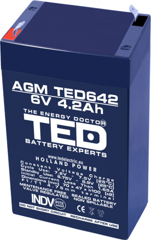 Acumulator - Acumulator AGM VRLA 6V 4.2Ah TED Battery Expert Holland – Plumb Acid, Terminal F1, Dimensiuni 70x47x100 mm