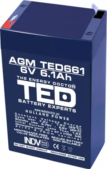 Acumulator - Acumulator AGM VRLA 6V 6.1Ah TED Battery Expert Holland – Plumb Acid, Terminal F1, Dimensiuni 70x48x101 mm