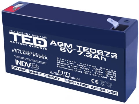 Electrice - Acumulator AGM VRLA 6V 7.3Ah, Terminal F1, Dimensiuni 151x34x94mm, Ideal pentru Echipamente Medicale și UPS
