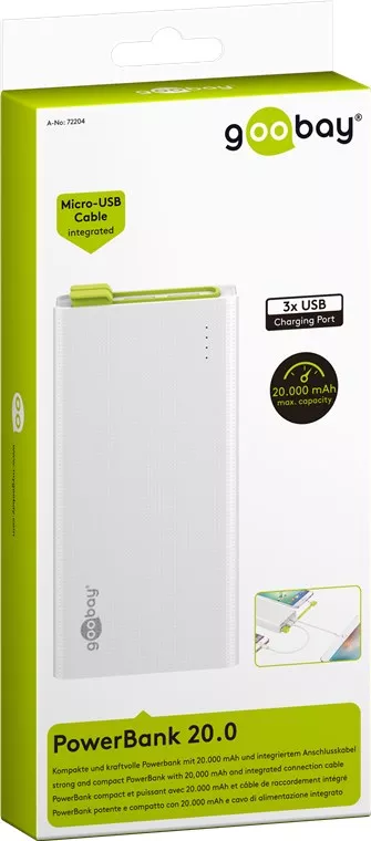 Acumulator extern 20000mAh Micro-USB Goobay, 6 luni garanție, ideal pentru încărcarea rapidă a dispozitivelor mobile. [6]