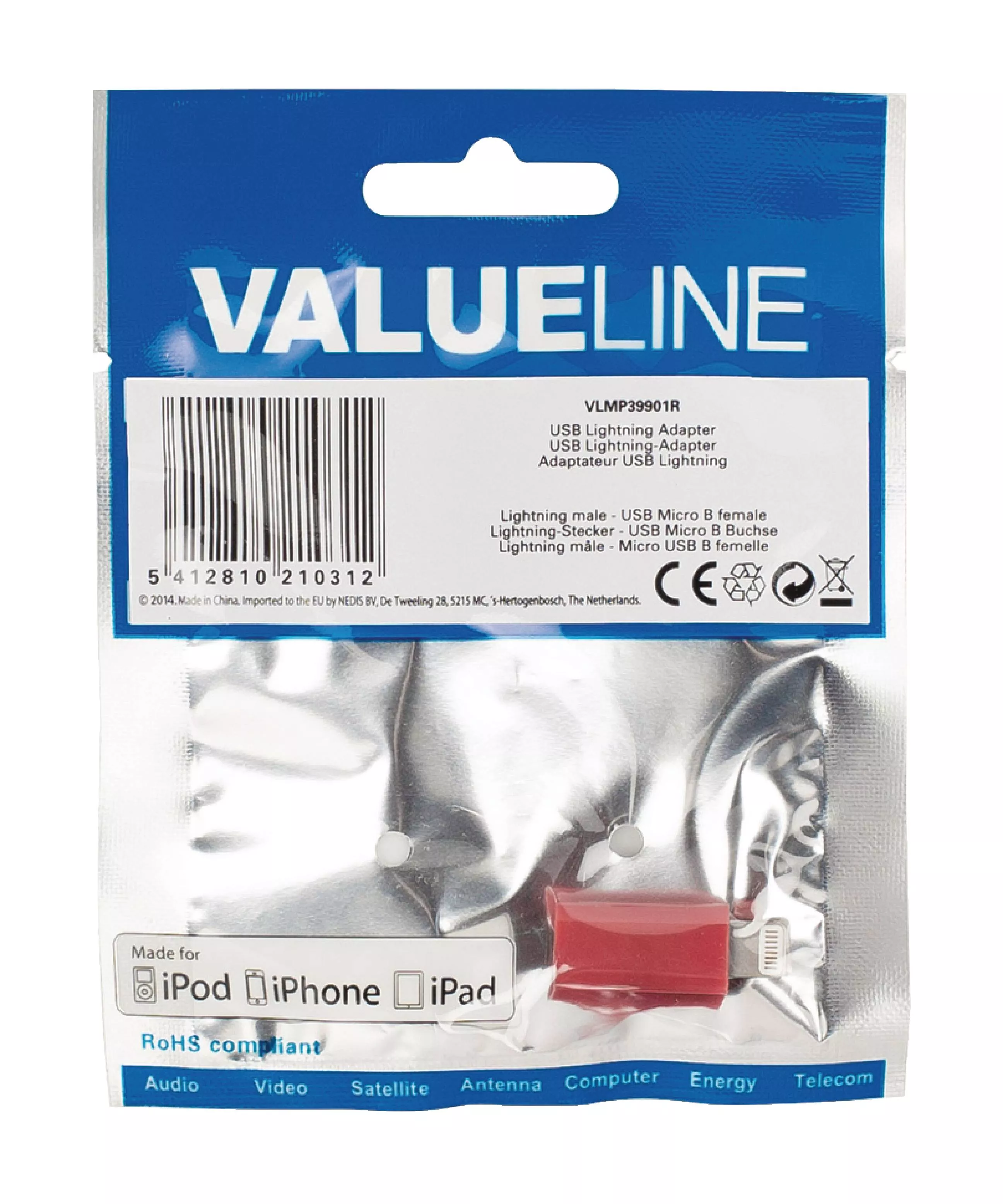 Adaptor Lightning tata - micro USB mama roșu Valueline, compatibil Apple, conector Apple și USB micro. [3]
