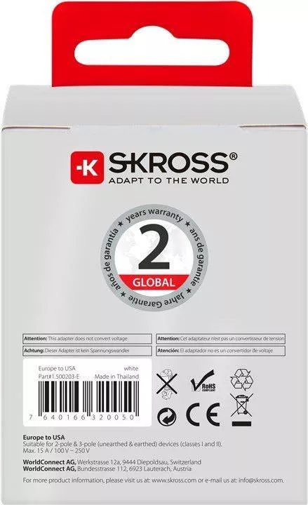 Adaptor priza EU - USA Skross 1.500203-E alb, 24 luni garanție, compatibil cu dispozitive electrice din SUA [3]