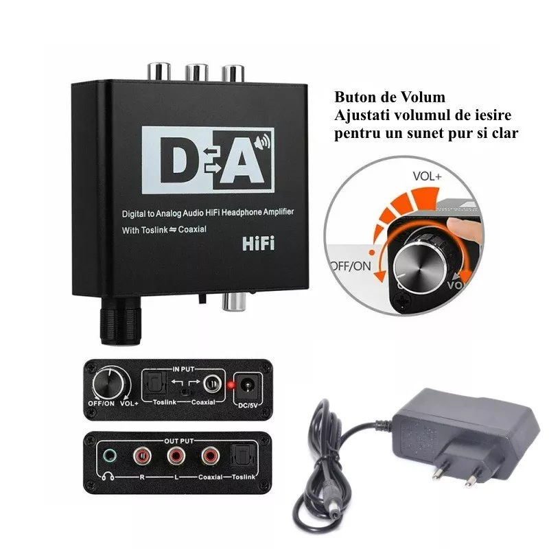 Adaptor TOSLINK la 2x RCA și Jack 3.5 mm, conectori mama, brand OEM, amplificare semnal, 24 luni garanție persoane fizice [1]
