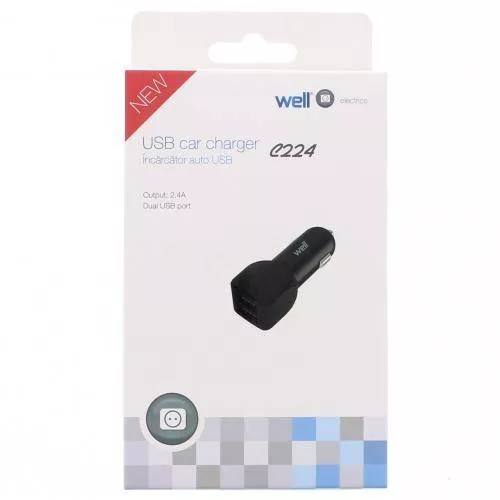 Alimentator USB bricheta auto Well, 2 ieșiri, 2.4A, negru, tip auto, 24 luni garanție persoane fizice [2]