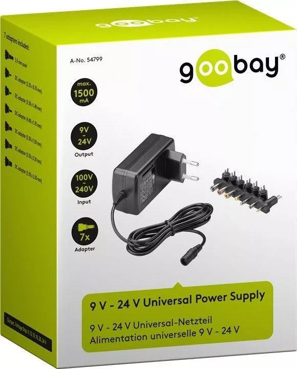Alimentator universal 9-24V 1500mA 9 mufe Goobay, 100-240V AC, 1.5A, compatibil cu diverse dispozitive [1]
