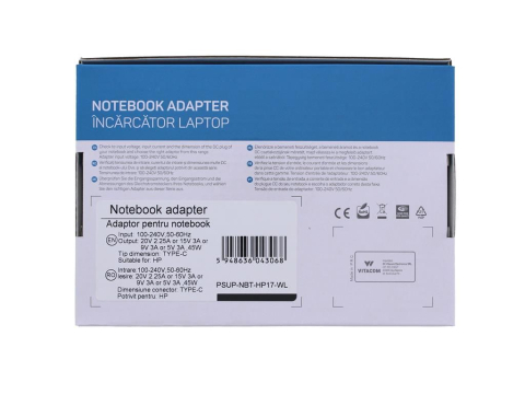 Alimentator laptop HP 45W USB Type C Well, conector Euro CEE 7/16, ieșire 5V-20V, cablu multifilar, negru [1]
