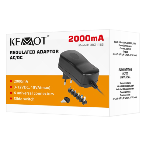 Surse-alimentatoare - Alimentator stabilizat 2A 24W 3-4-5-6-7-9-12V + 6 conectori KEMOT URZ1183 – IoElectronice.ro