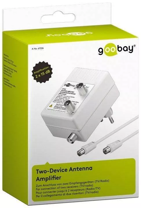 Amplificatoare TV - Amplificator semnal TV DVB-T/T2/C 2x15dB Goobay, pentru distribuție și reglare semnal, 230V, alb, compact și eficient