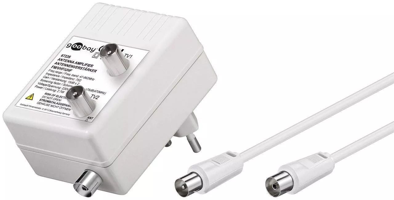 Amplificator semnal TV DVB-T/T2/C 2x15dB Goobay, pentru distribuție și reglare semnal, 230V, alb, compact și eficient [1]