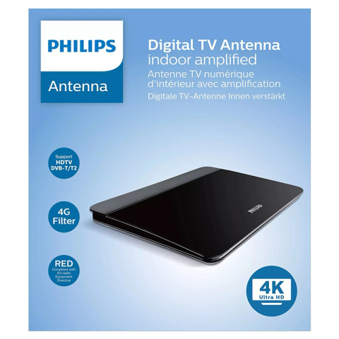 Antena TV digitală 4K amplificată Philips SDV6226, neagră, pentru recepție semnal optimizat. [1]