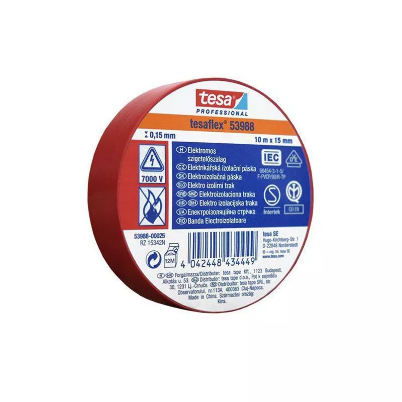 Banda izolatoare - Banda izolatoare TESAFLEX 10m roșu – bandă adezivă izolatoare, latime 15mm, calitate superioară