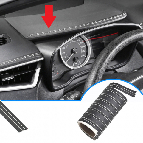 Accesorii Interior - Banda decorativă pentru interiorul mașinii, piele ecologică neagră, cusătură albă, 2m, ușor de instalat
