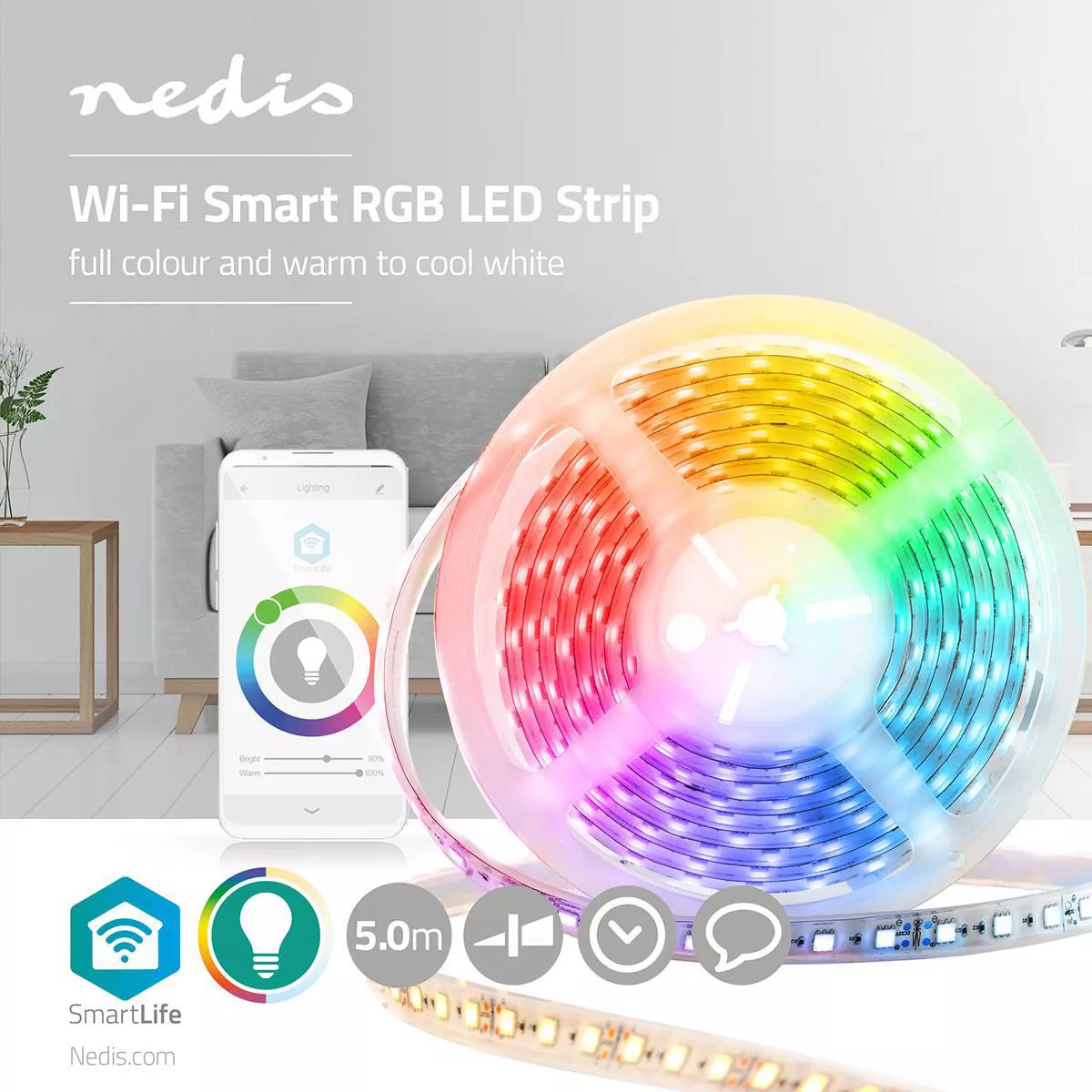 Banda LED - Banda LED RGB Wi-Fi Nedis 5m - Iluminare Inteligentă, Control Vocal, IP65, Compatibil Android & iOS