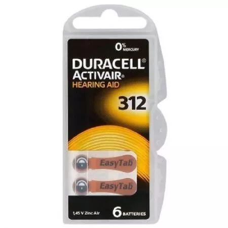 Baterii - Baterii auditive Duracell 312 ZA312 PR41 1.45V ZINC-AIR, 6 buc, pentru aparate auditive.