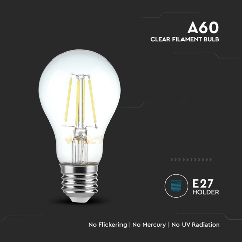 Bec A60 E27 FILAMENT LED 12W 1521lm 6500K alb rece V-tac SKU-217460 – IoElectronice.ro [3]