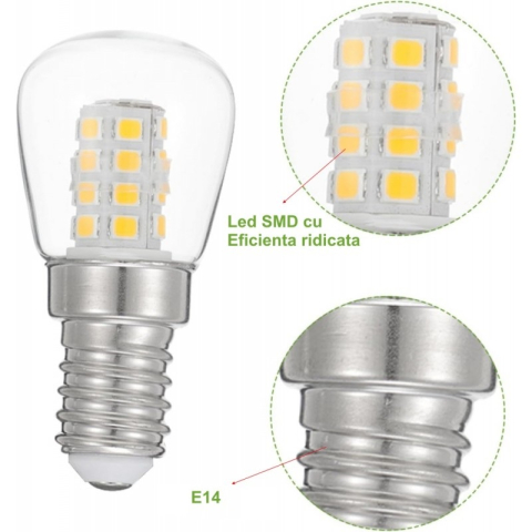 Bec E14 LED 3W pentru frigider, temperaturi -20C până la +45C, brand OEM, garanție 24 luni. [1]