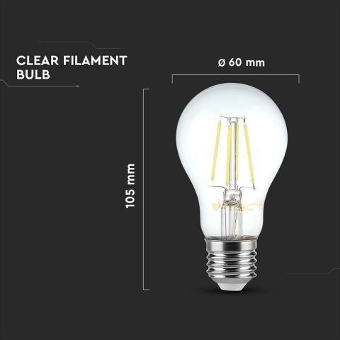 Bec E27 A60 cu filament dimabil LED 8W 700lm 3000K alb cald V-tac SKU-212815 – IoElectronice.ro [2]