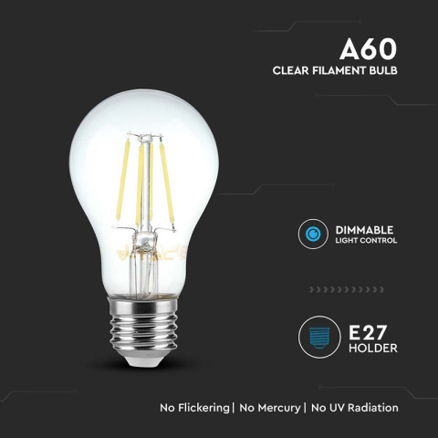 Bec E27 A60 cu filament dimabil LED 8W 700lm 3000K alb cald V-tac SKU-212815 – IoElectronice.ro [3]