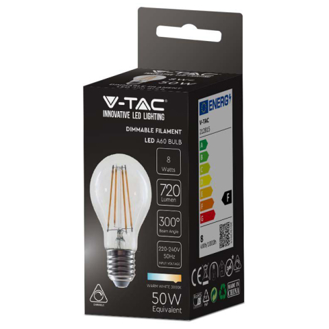 Bec E27 A60 cu filament dimabil LED 8W 700lm 3000K alb cald V-tac SKU-212815 – IoElectronice.ro [1]